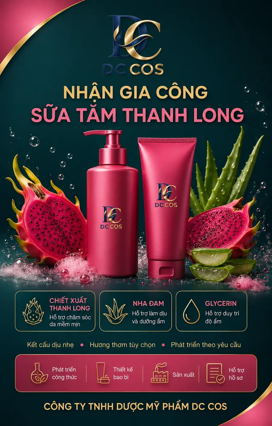Gia công sữa tắm chiết xuất thanh long