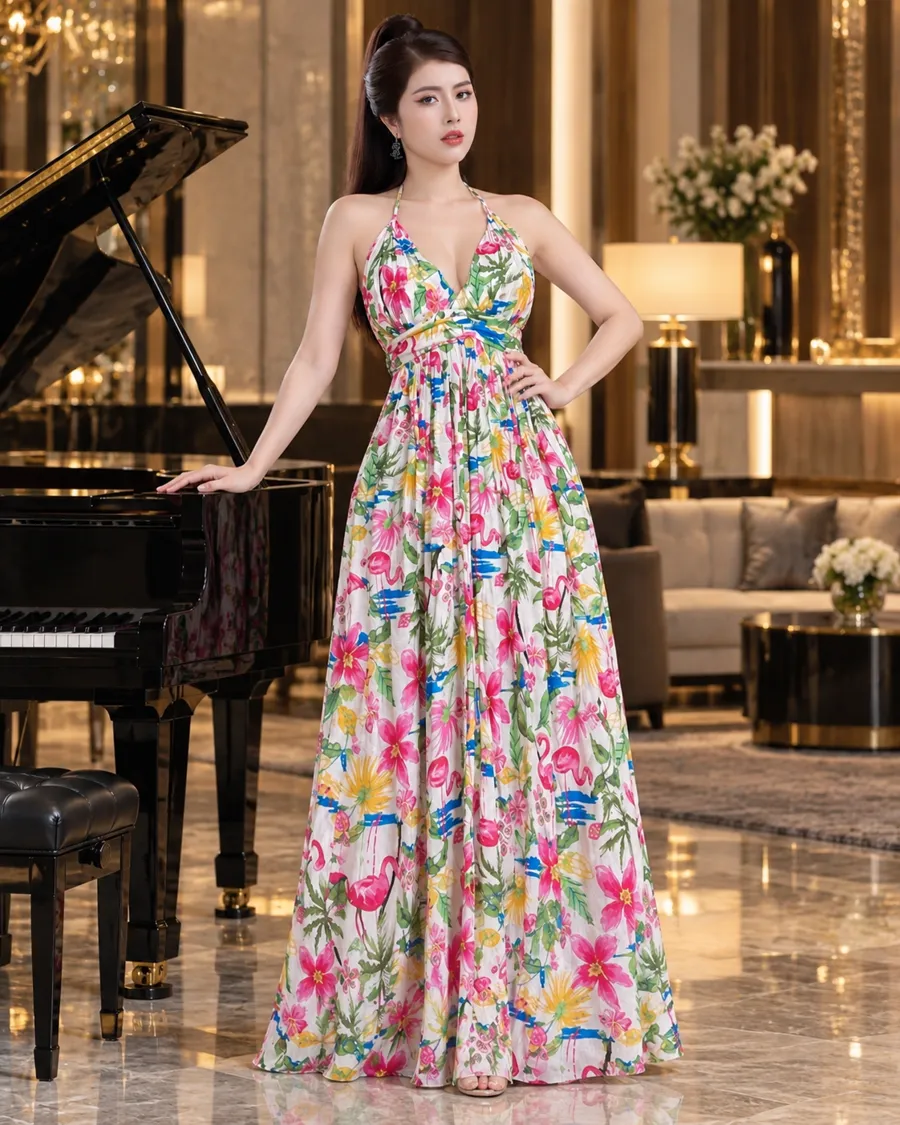 Đầm Maxi Hoa Nhiệt Đới Cổ Yếm