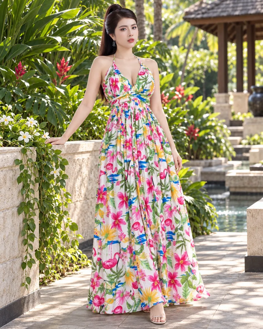 Đầm Maxi Hoa Nhiệt Đới Cổ Yếm — ảnh 3