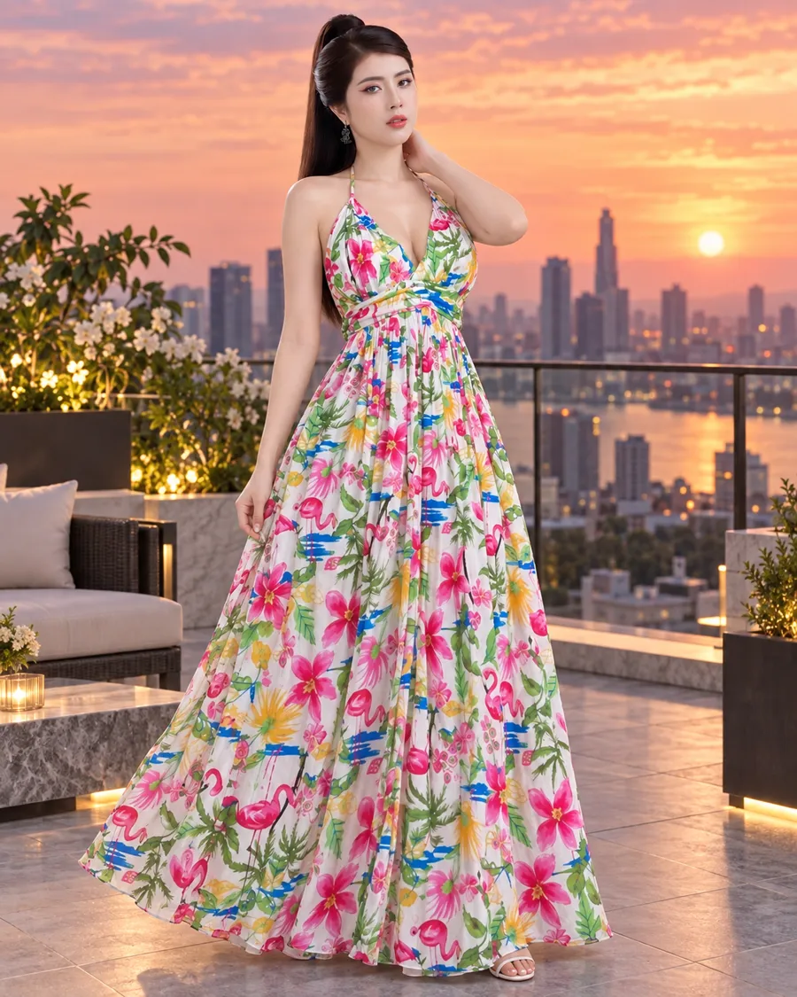 Đầm Maxi Hoa Nhiệt Đới Cổ Yếm — ảnh 4