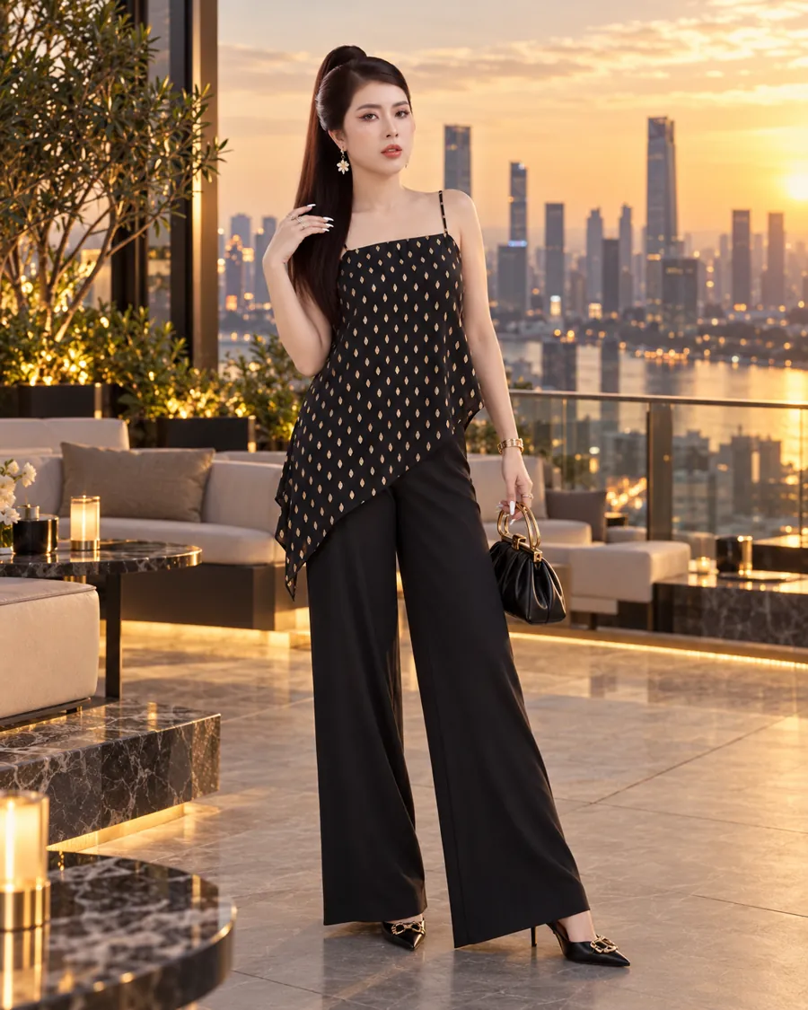 Set Áo Dây Tà Xéo Đen Phối Quần Dài