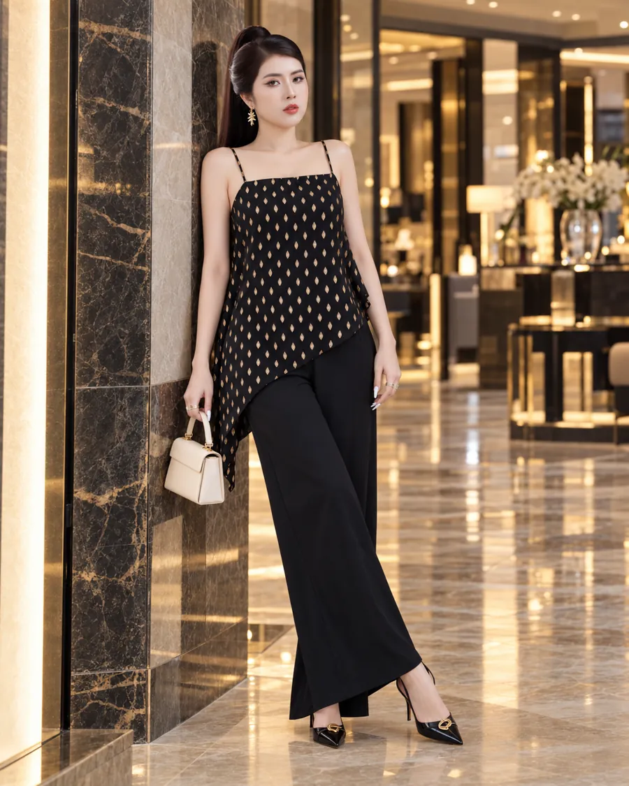Set Áo Dây Tà Xéo Đen Phối Quần Dài — ảnh 4