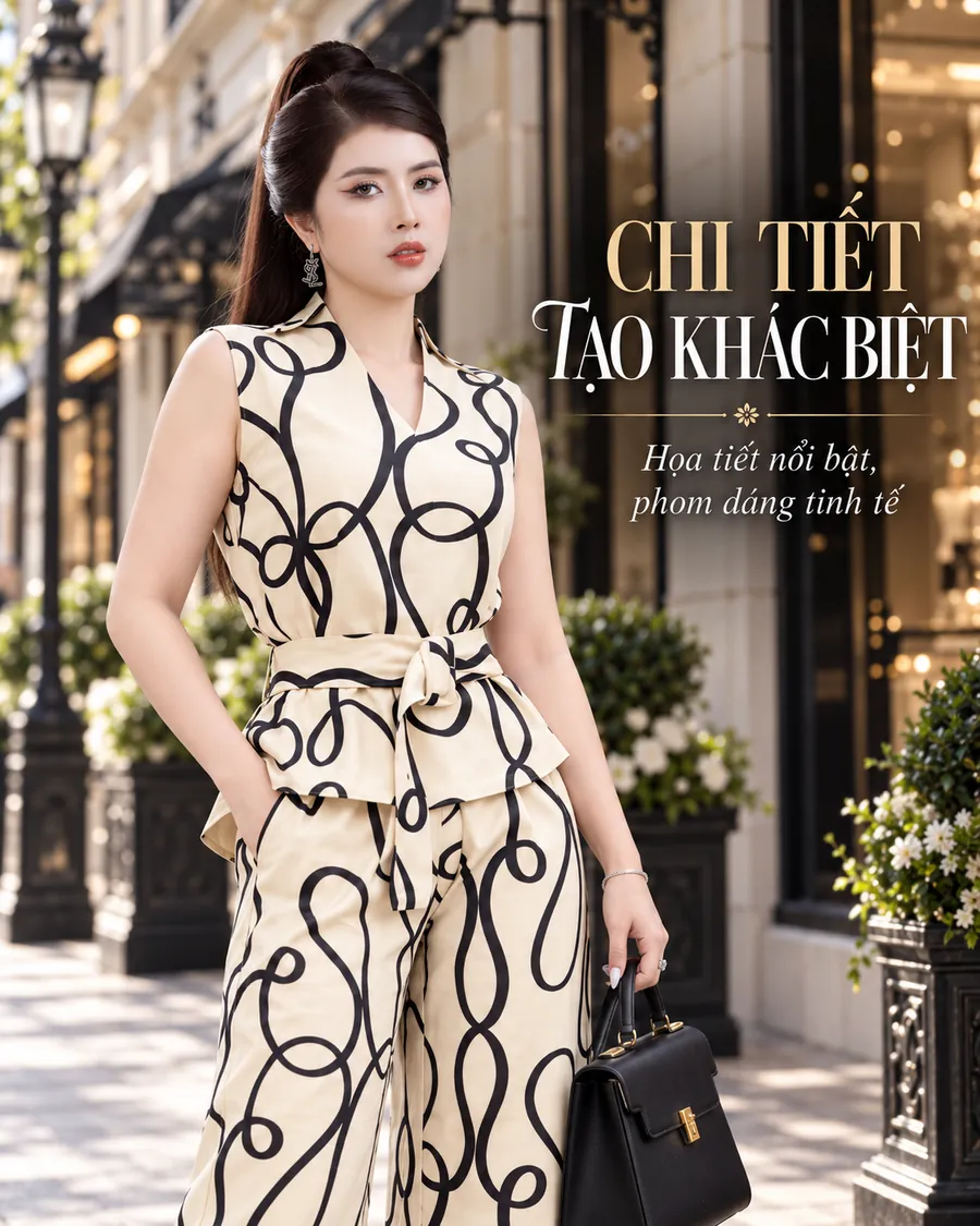 Set Linen Gân Họa Tiết Dây Lượn Đen Kem — ảnh 2