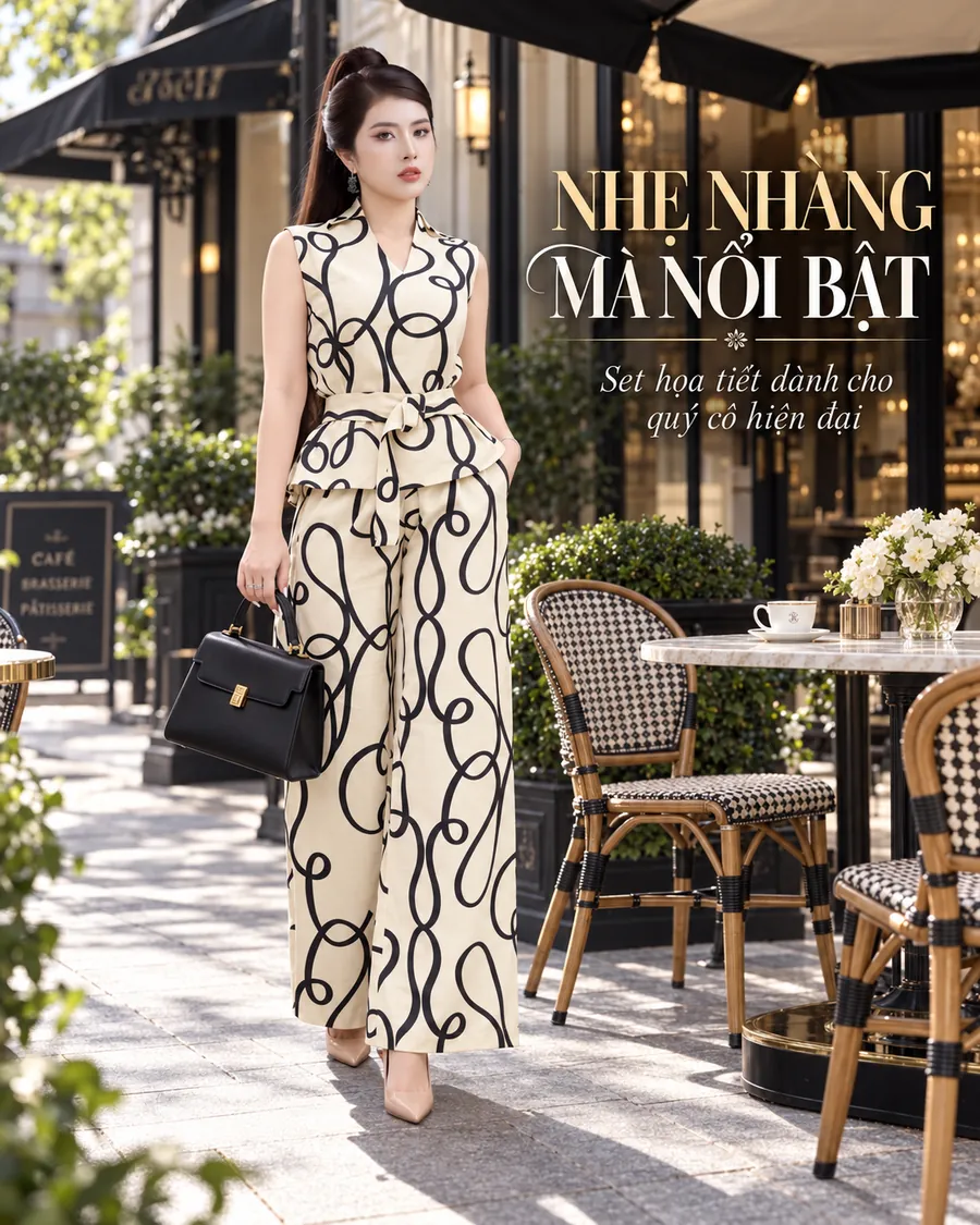 Set Linen Gân Họa Tiết Dây Lượn Đen Kem — ảnh 4