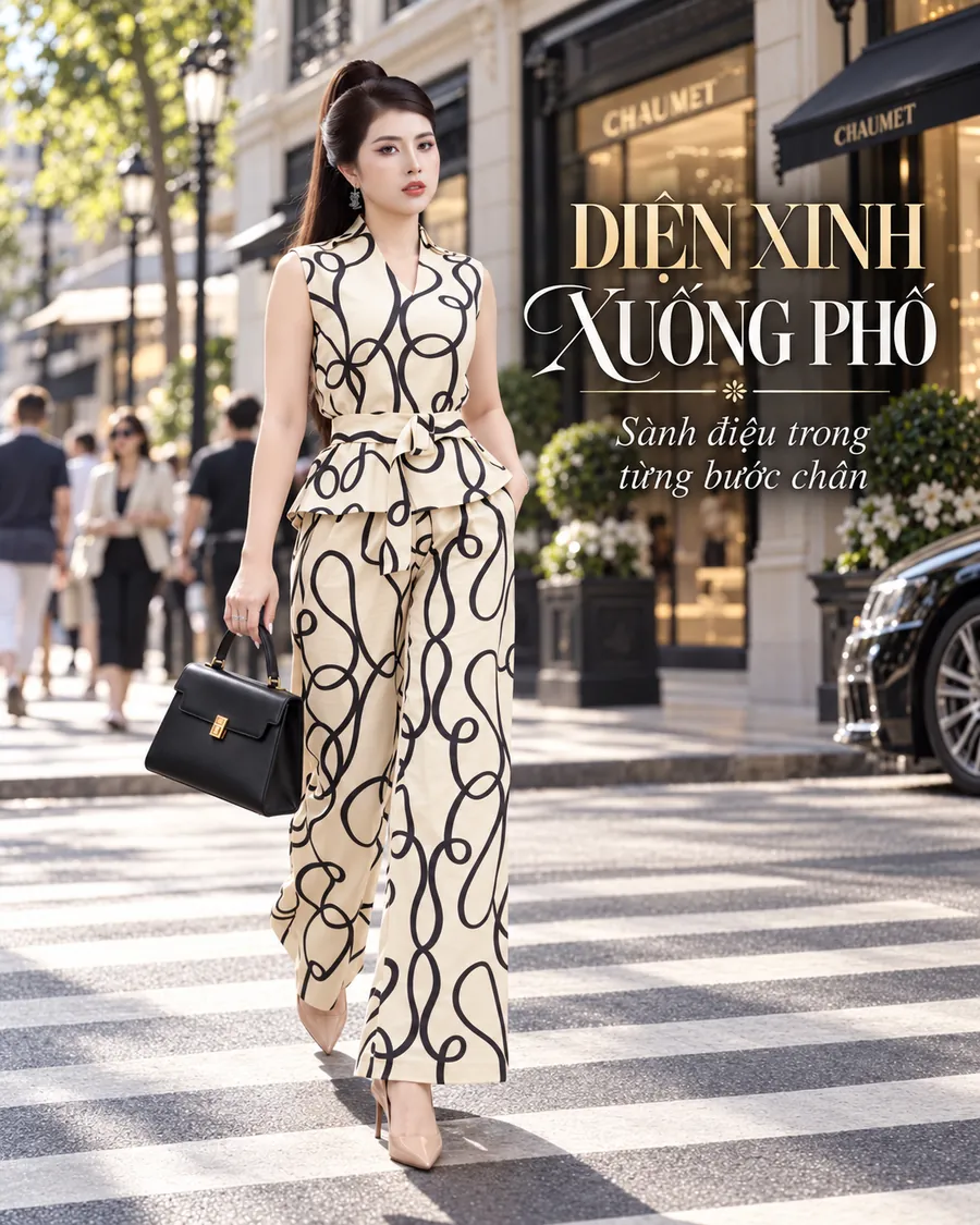 Set Linen Gân Họa Tiết Dây Lượn Đen Kem — ảnh 7