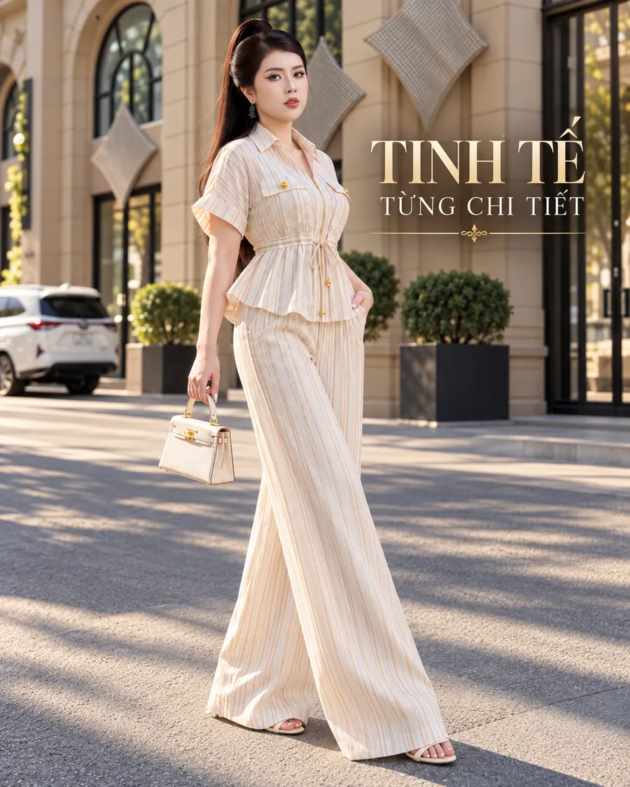 Set Linen Gân Premium – Sọc Kem Champagne — ảnh 2