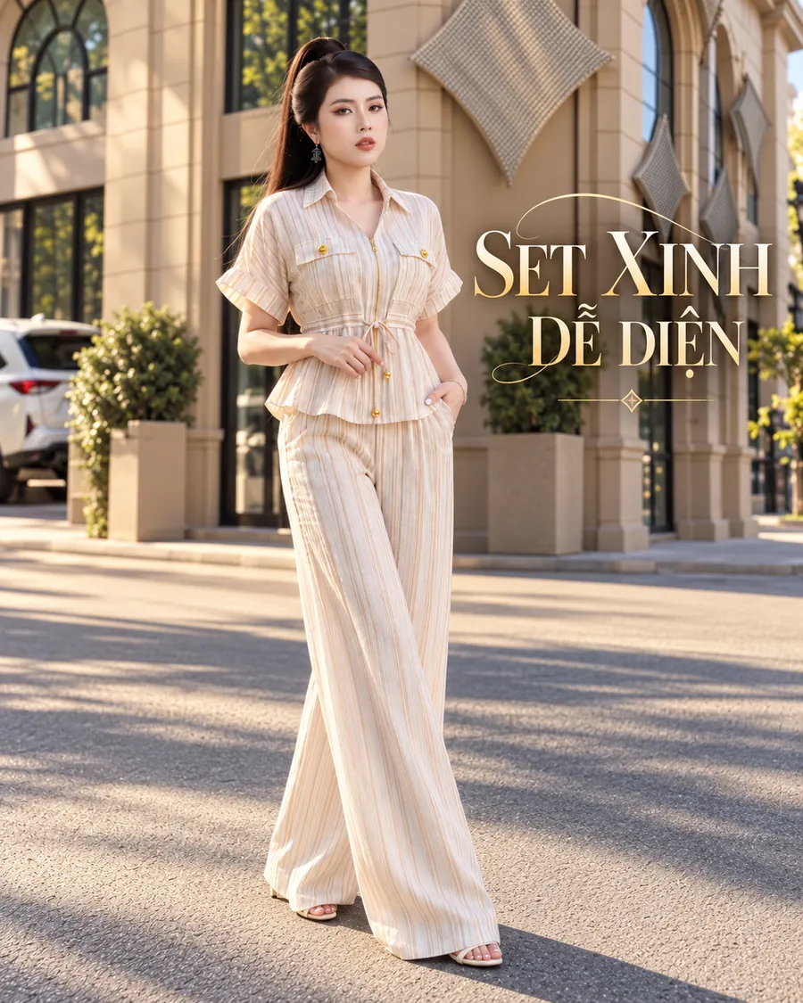 Set Linen Gân Premium – Sọc Kem Champagne — ảnh 3