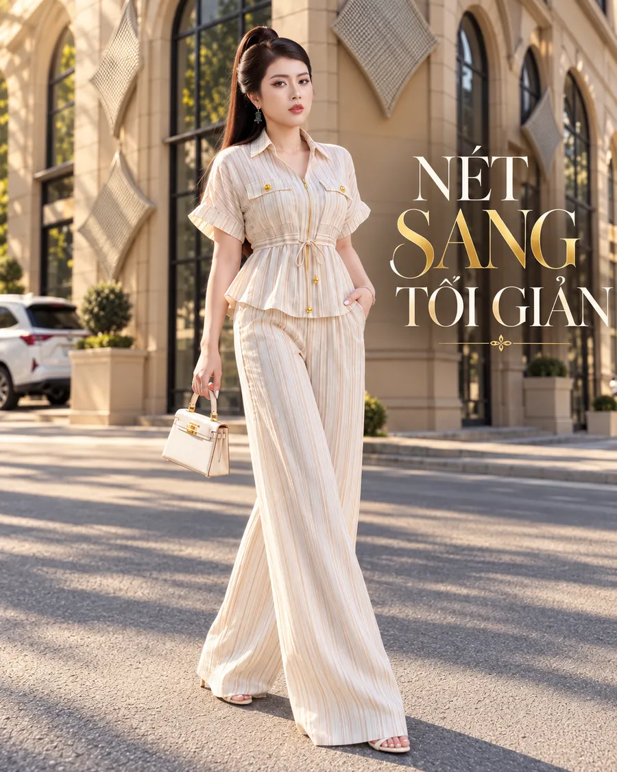 Set Linen Gân Premium – Sọc Kem Champagne — ảnh 4