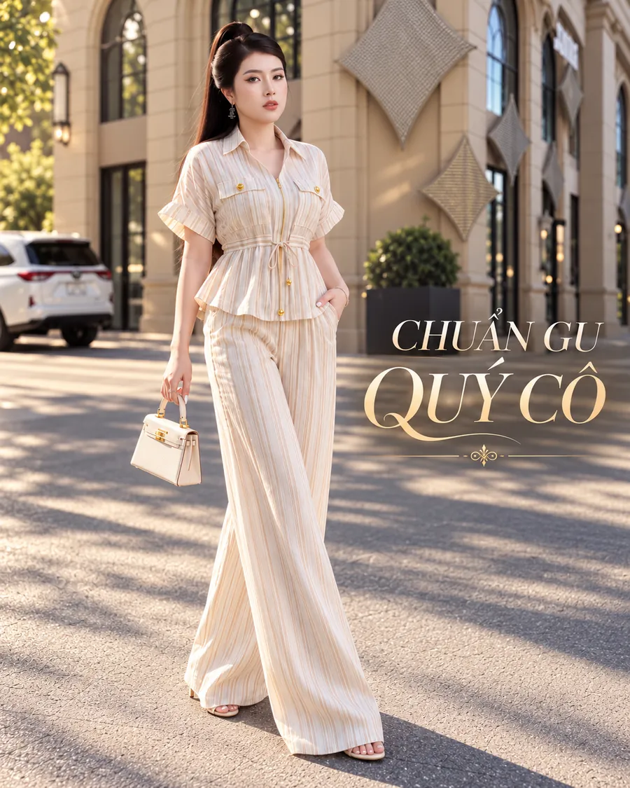 Set Linen Gân Premium – Sọc Kem Champagne — ảnh 5
