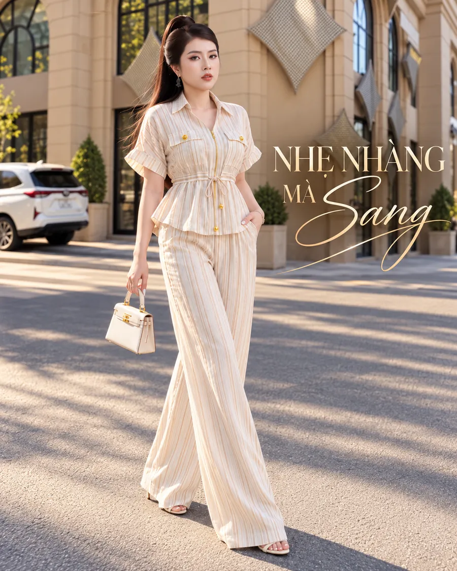 Set Linen Gân Premium – Sọc Kem Champagne — ảnh 6