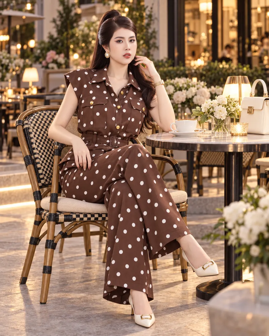 Set Linen Gân Peplum Thắt Đai – Chấm Bi Nâu — ảnh 4