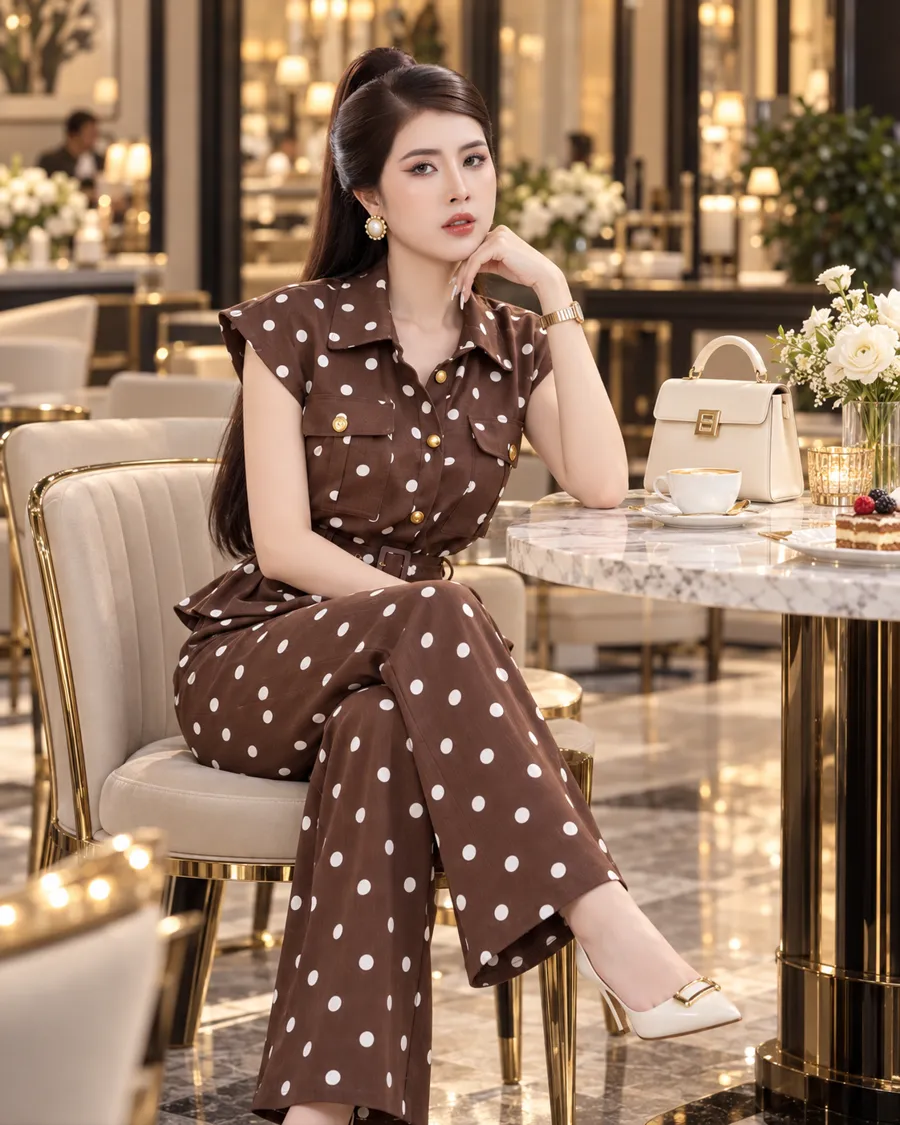 Set Linen Gân Peplum Thắt Đai – Chấm Bi Nâu — ảnh 5