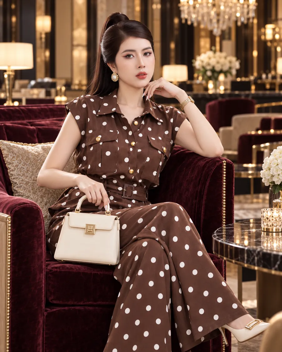 Set Linen Gân Peplum Thắt Đai – Chấm Bi Nâu — ảnh 6