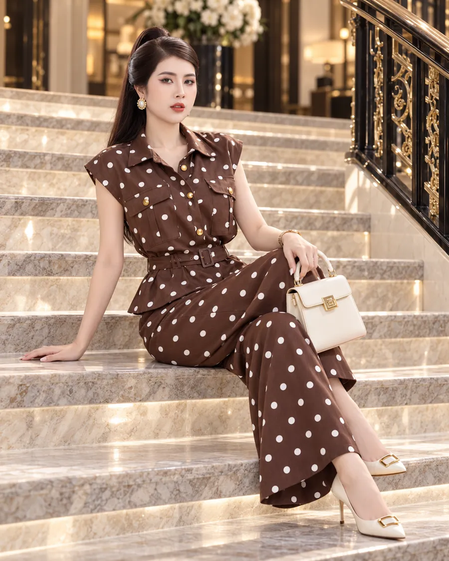 Set Linen Gân Peplum Thắt Đai – Chấm Bi Nâu — ảnh 7