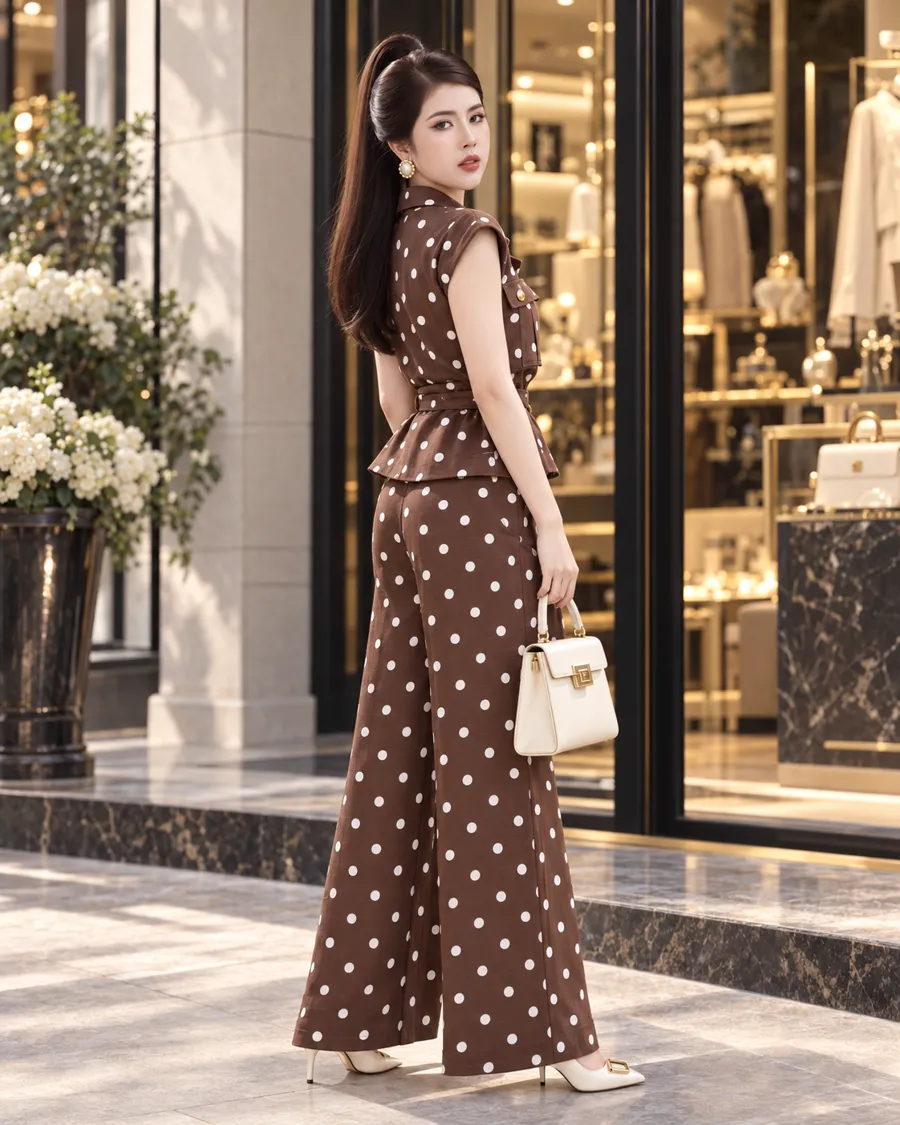 Set Linen Gân Peplum Thắt Đai – Chấm Bi Nâu — ảnh 9
