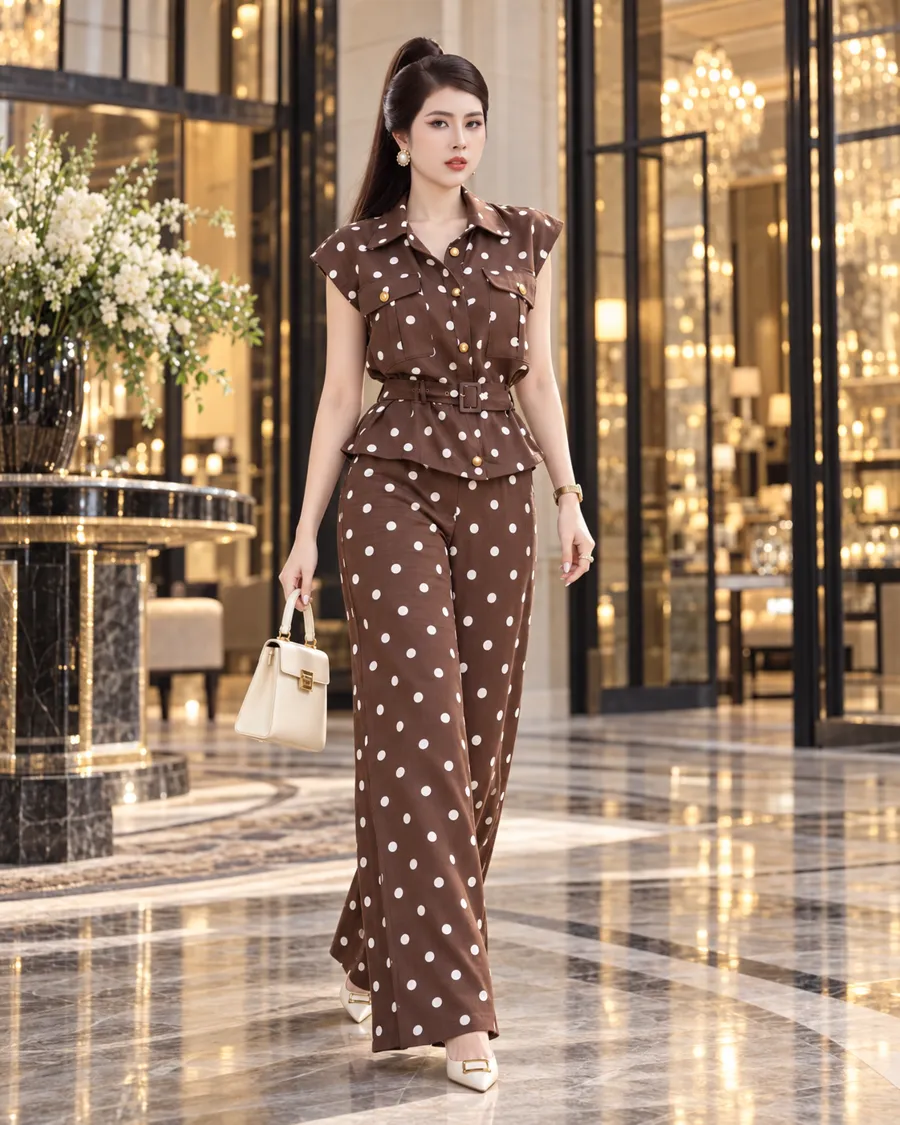 Set Linen Gân Peplum Thắt Đai – Chấm Bi Nâu — ảnh 10