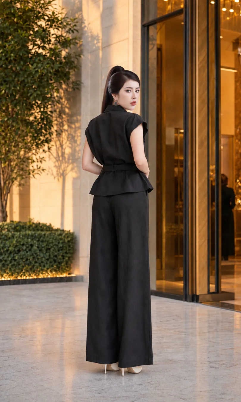 Set Linen Gân Peplum Thắt Đai – Đen