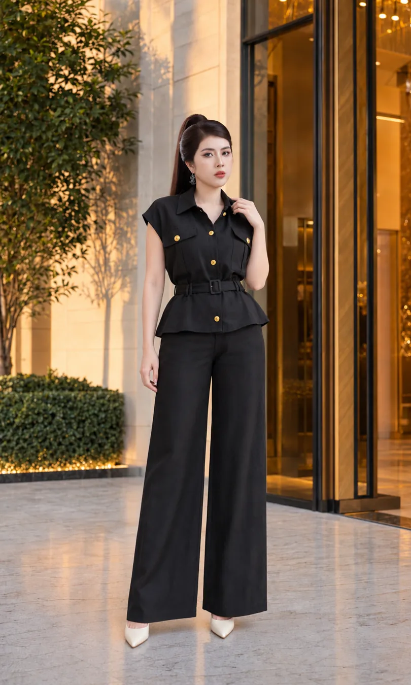 Set Linen Gân Peplum Thắt Đai – Đen — ảnh 2