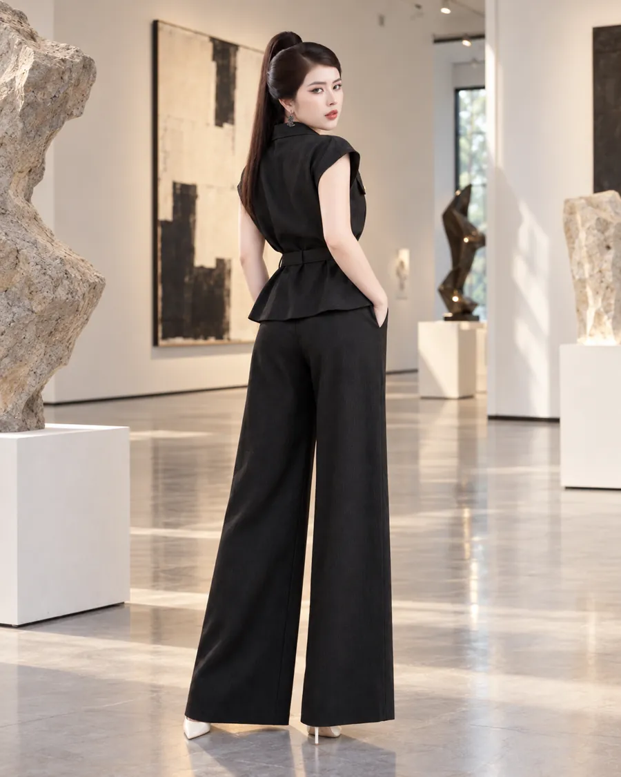 Set Linen Gân Peplum Thắt Đai – Đen — ảnh 3