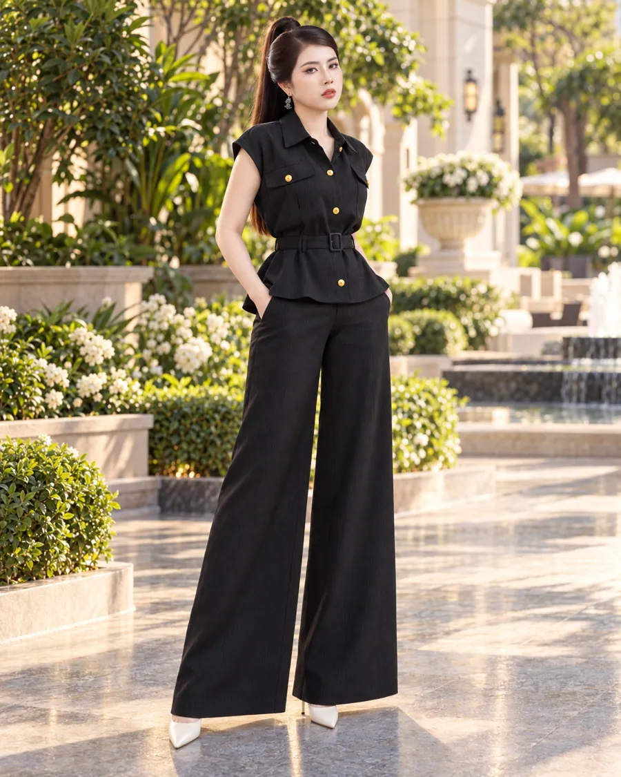 Set Linen Gân Peplum Thắt Đai – Đen — ảnh 4