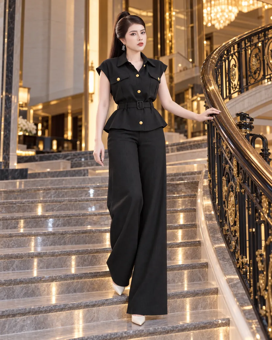 Set Linen Gân Peplum Thắt Đai – Đen — ảnh 5