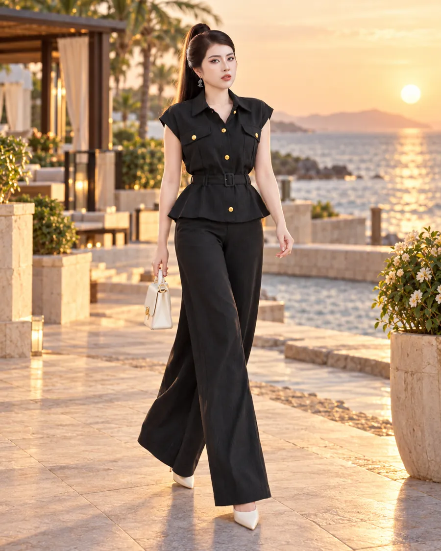 Set Linen Gân Peplum Thắt Đai – Đen — ảnh 6