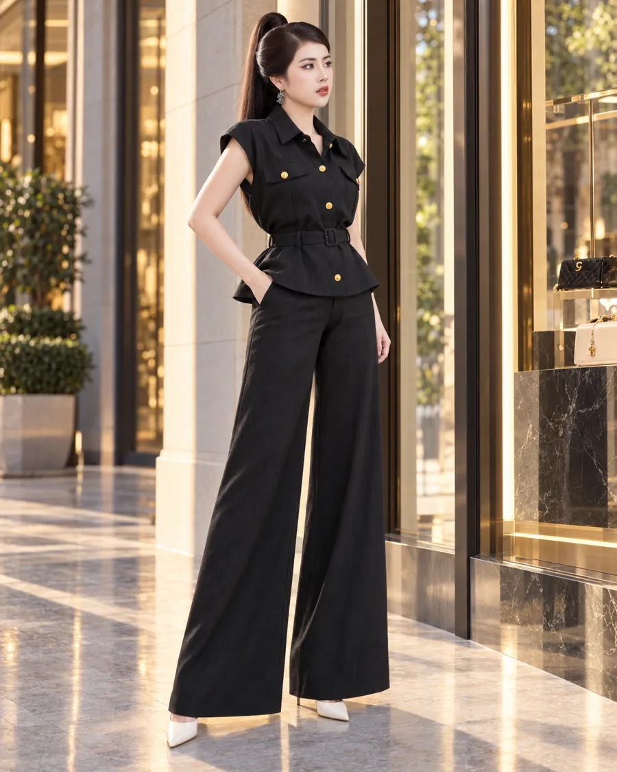 Set Linen Gân Peplum Thắt Đai – Đen — ảnh 7