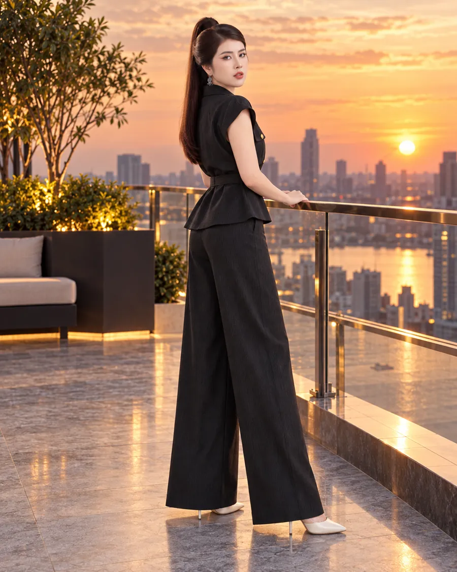Set Linen Gân Peplum Thắt Đai – Đen — ảnh 8