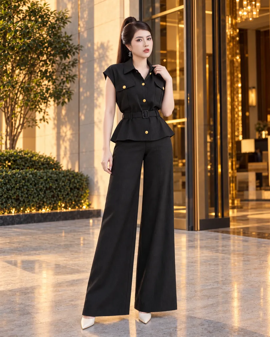 Set Linen Gân Peplum Thắt Đai – Đen — ảnh 9