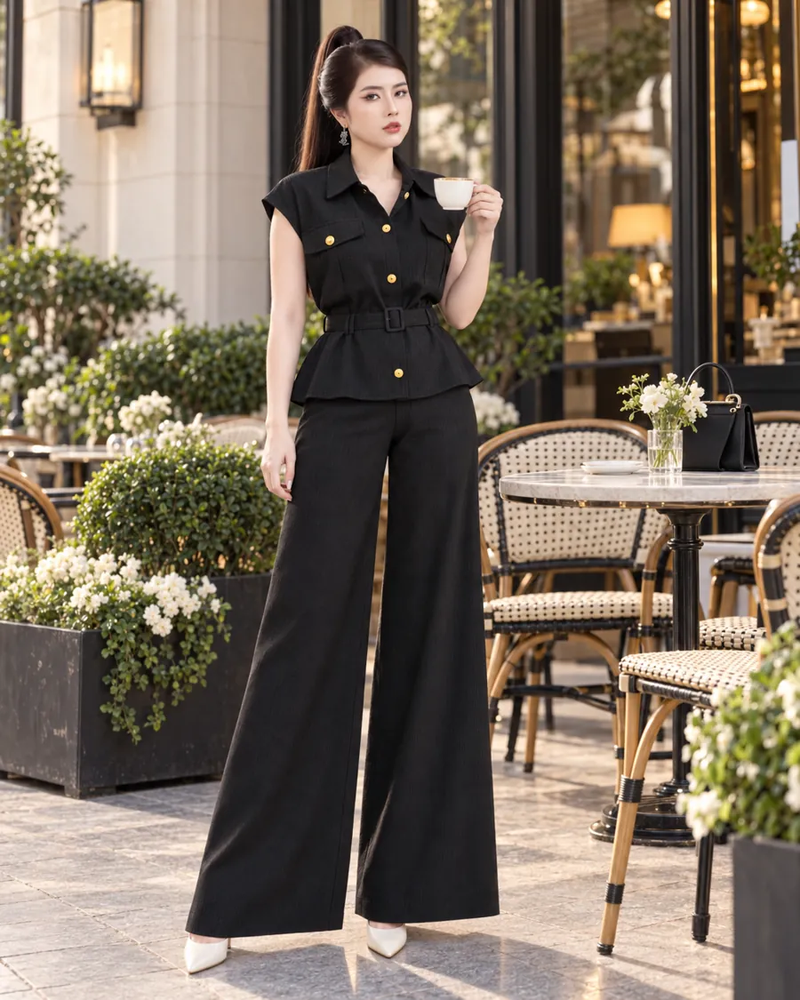 Set Linen Gân Peplum Thắt Đai – Đen — ảnh 10