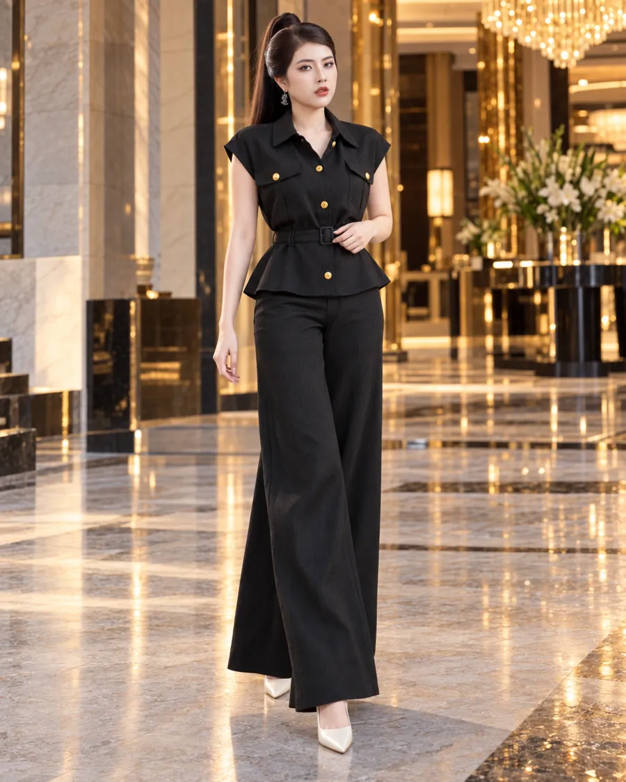 Set Linen Gân Peplum Thắt Đai – Đen — ảnh 11