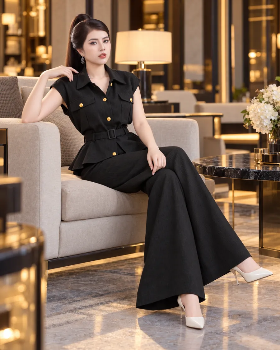 Set Linen Gân Peplum Thắt Đai – Đen — ảnh 12