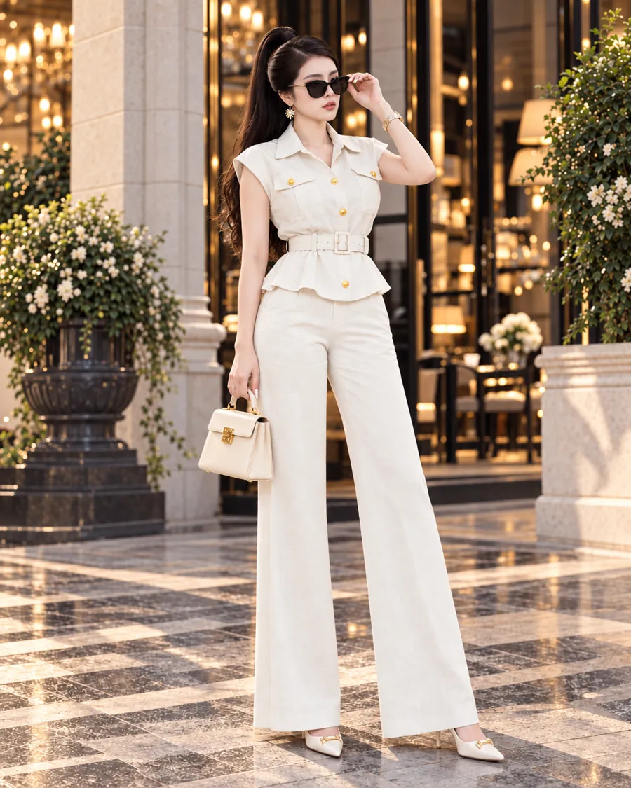 Set Linen Gân Peplum Thắt Đai – Kem — ảnh 3