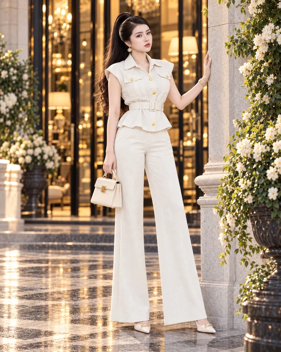 Set Linen Gân Peplum Thắt Đai – Kem — ảnh 6