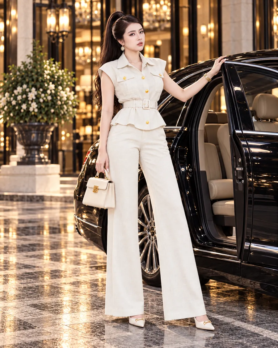 Set Linen Gân Peplum Thắt Đai – Kem — ảnh 8