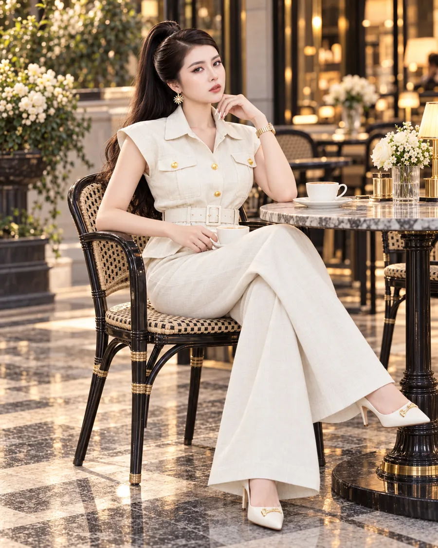 Set Linen Gân Peplum Thắt Đai – Kem — ảnh 9