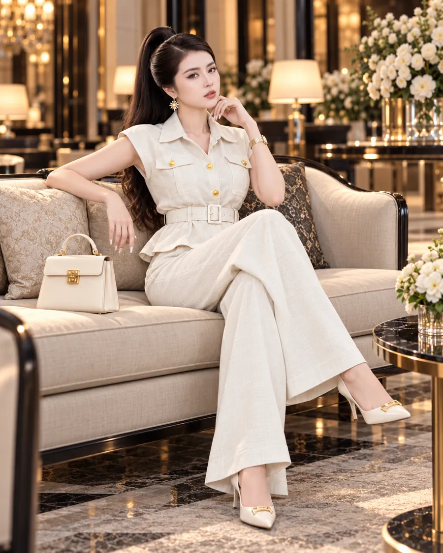 Set Linen Gân Peplum Thắt Đai – Kem — ảnh 10