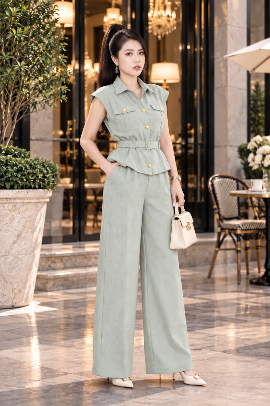 Set Linen Gân Peplum Thắt Đai – Xanh Xám