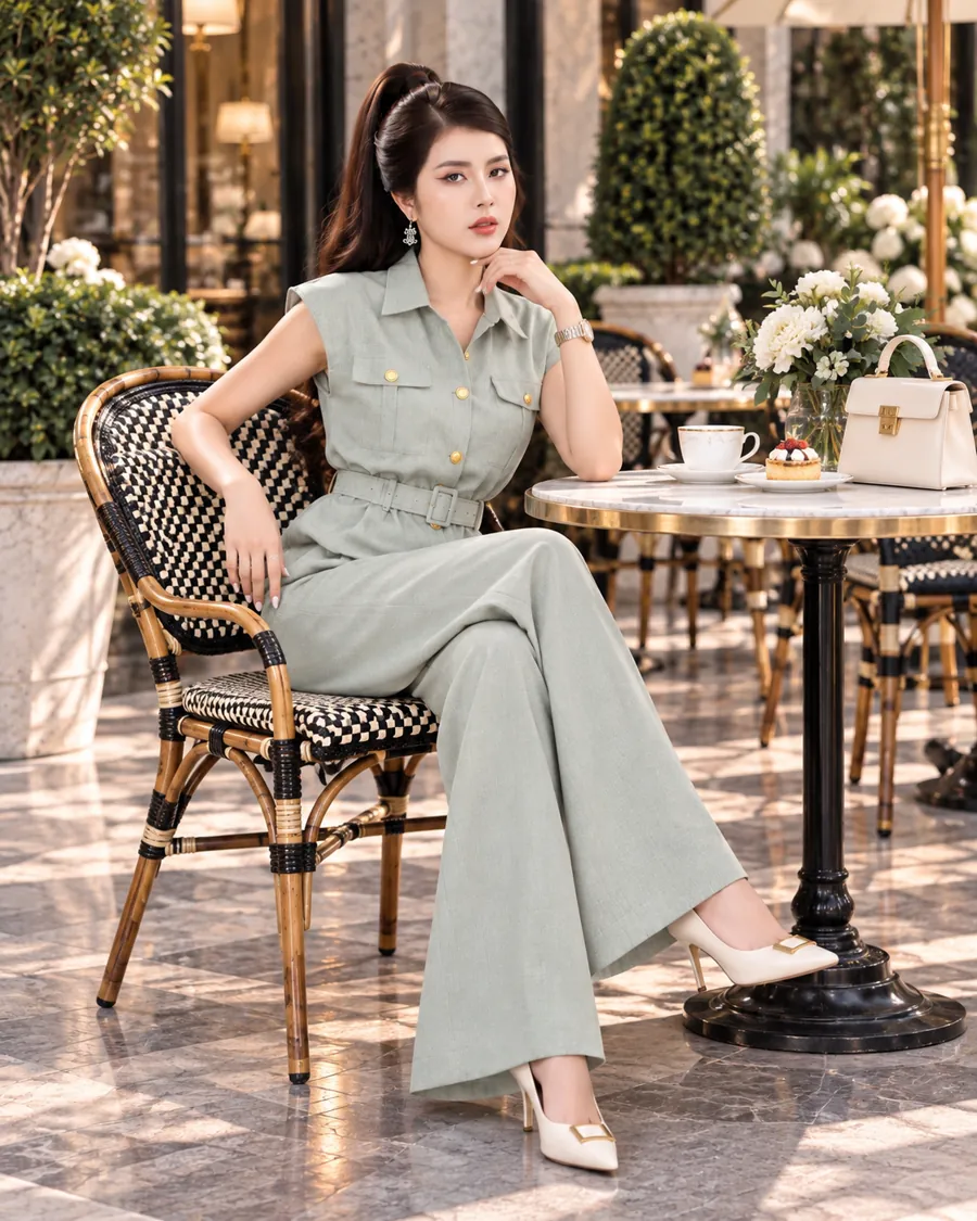 Set Linen Gân Peplum Thắt Đai – Xanh Xám — ảnh 2