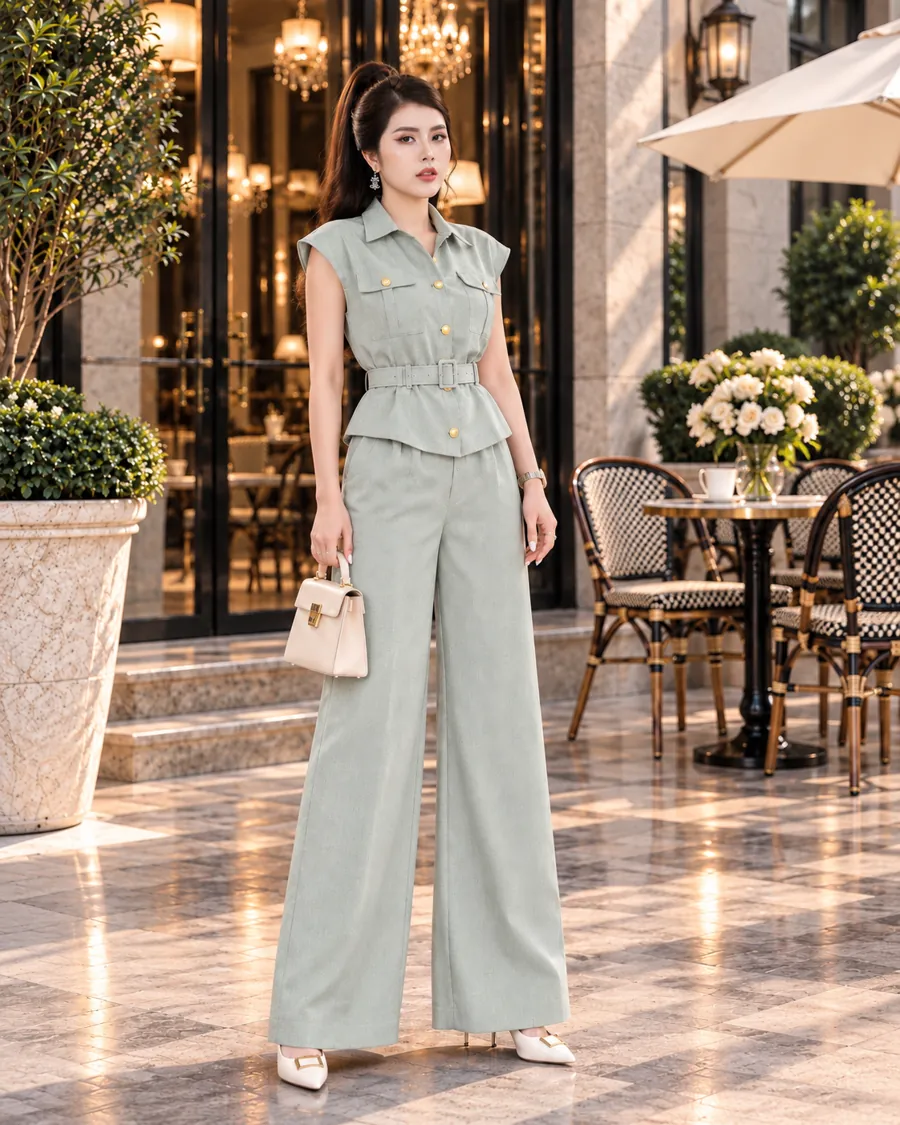 Set Linen Gân Peplum Thắt Đai – Xanh Xám — ảnh 3