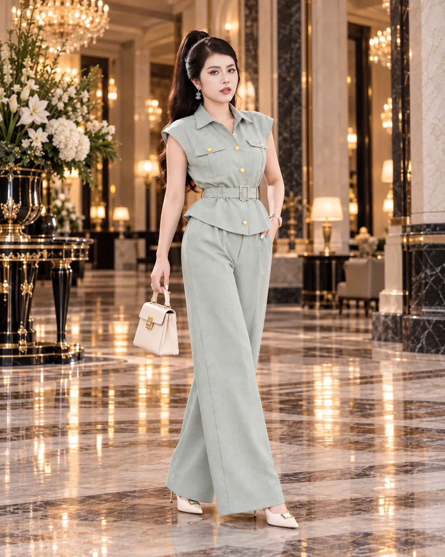 Set Linen Gân Peplum Thắt Đai – Xanh Xám — ảnh 4