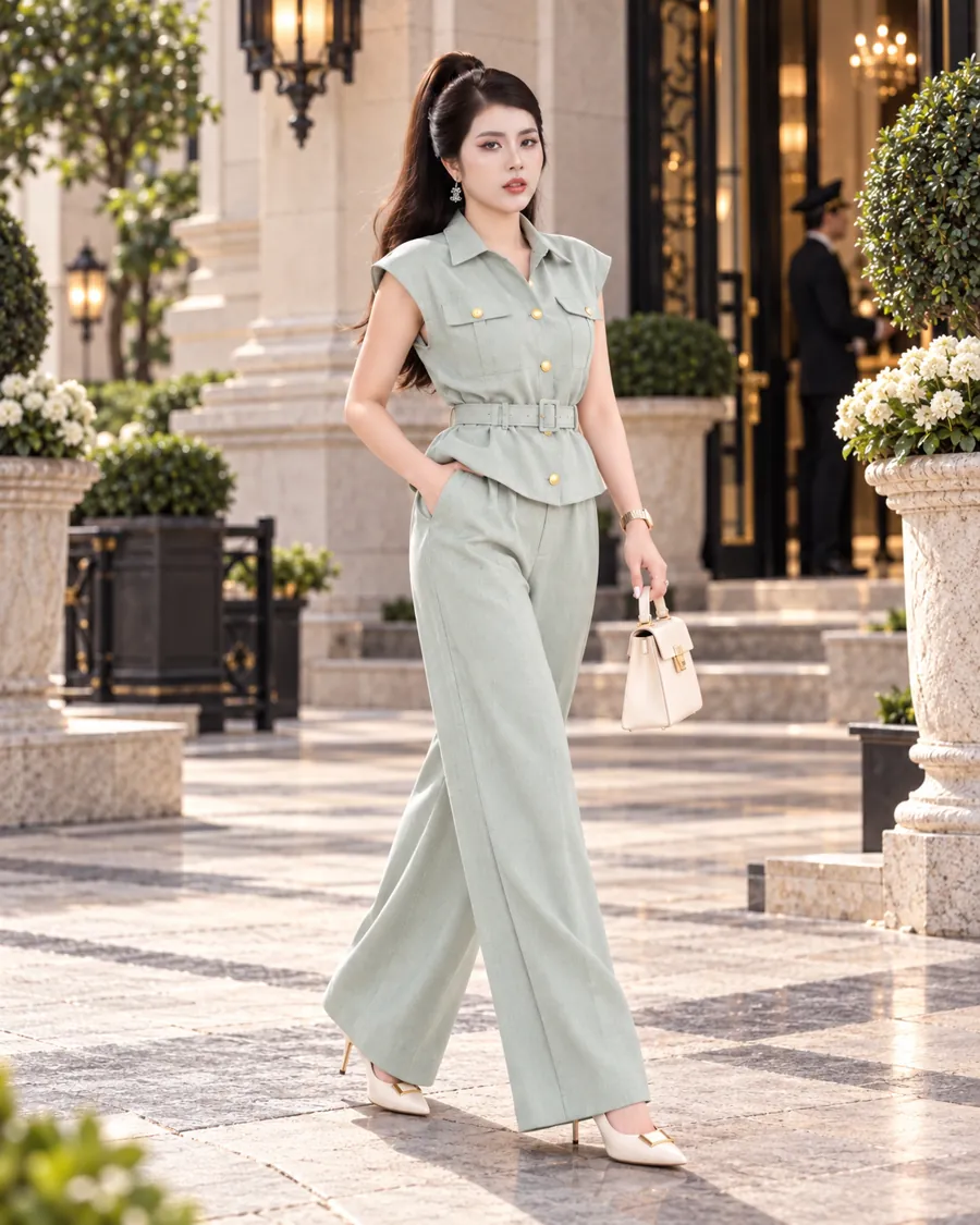 Set Linen Gân Peplum Thắt Đai – Xanh Xám — ảnh 7