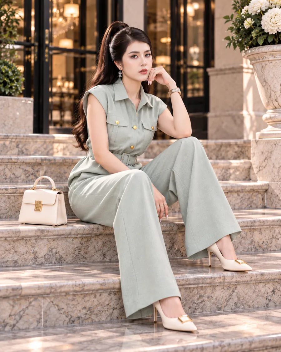 Set Linen Gân Peplum Thắt Đai – Xanh Xám — ảnh 8