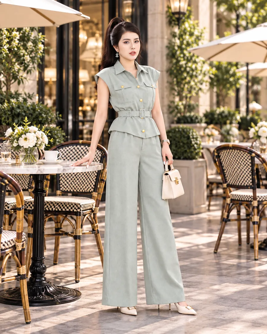 Set Linen Gân Peplum Thắt Đai – Xanh Xám — ảnh 10