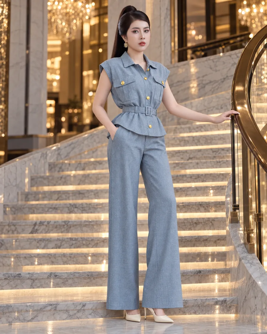 Set Linen Gân Peplum Thắt Đai – Xanh Dương — ảnh 2