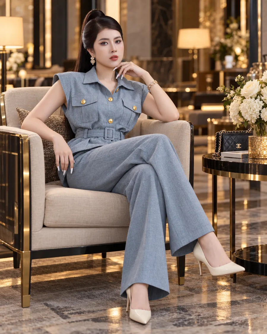 Set Linen Gân Peplum Thắt Đai – Xanh Dương — ảnh 3