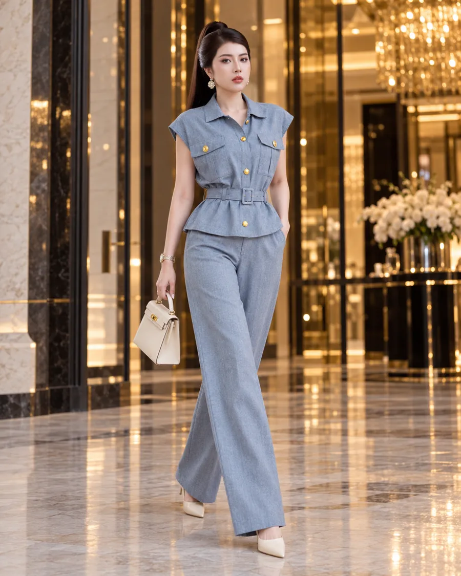 Set Linen Gân Peplum Thắt Đai – Xanh Dương — ảnh 4