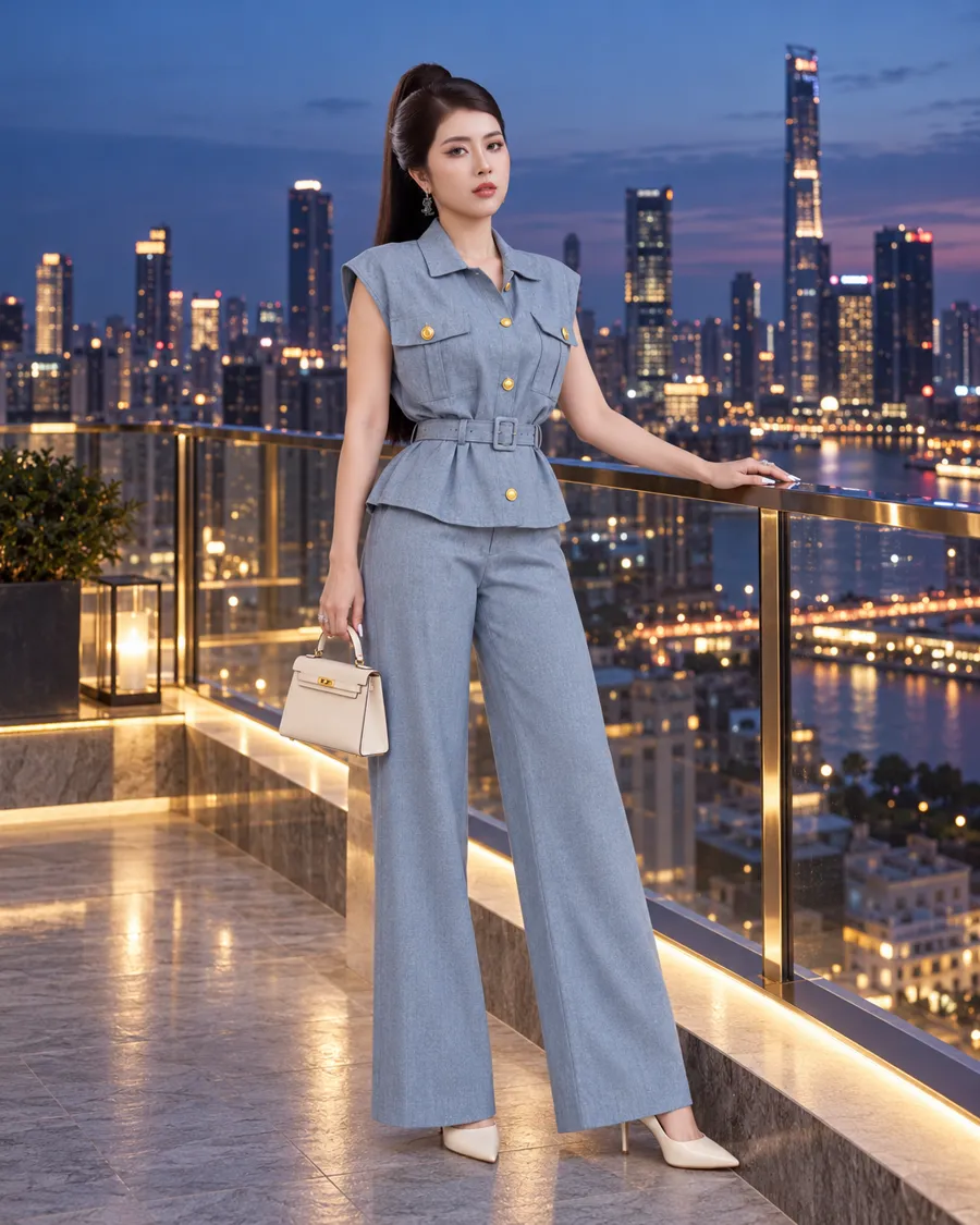 Set Linen Gân Peplum Thắt Đai – Xanh Dương — ảnh 5