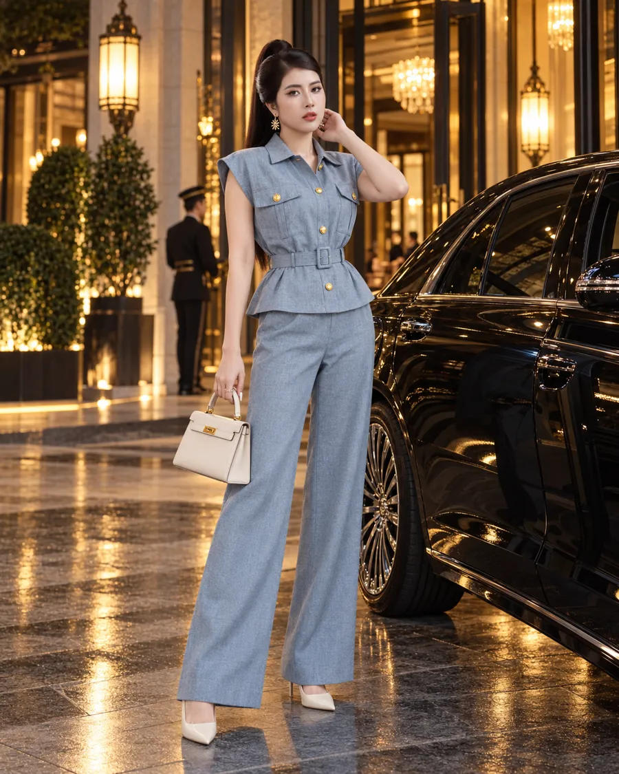 Set Linen Gân Peplum Thắt Đai – Xanh Dương — ảnh 8