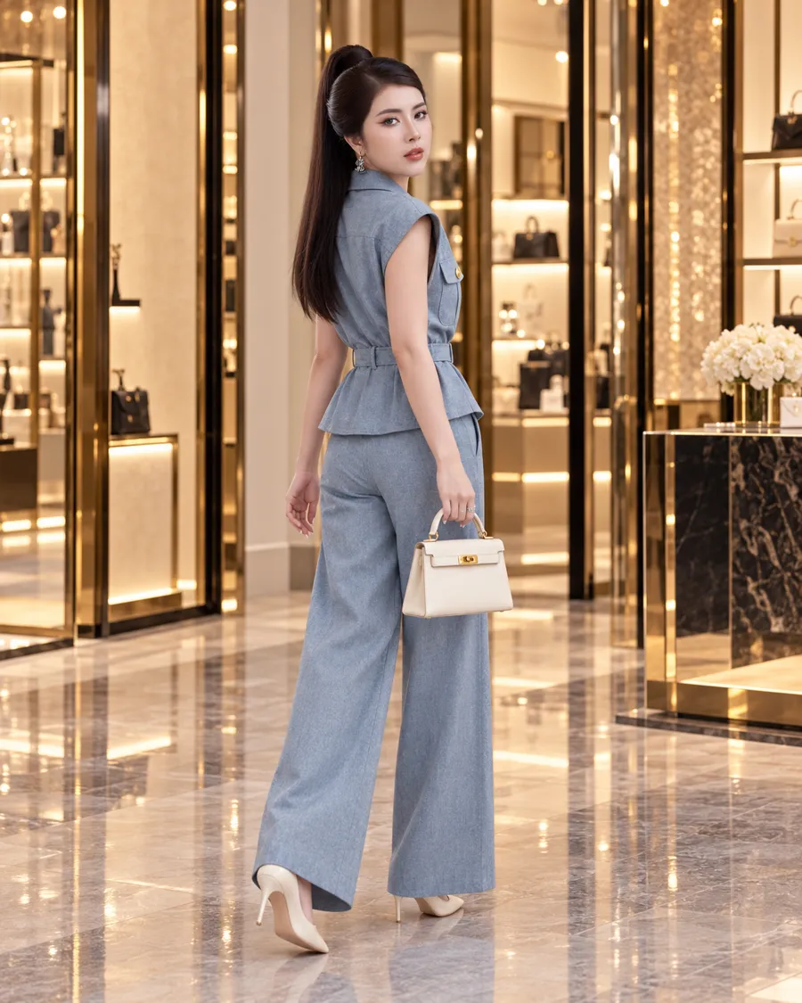 Set Linen Gân Peplum Thắt Đai – Xanh Dương — ảnh 9